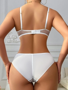Rear view of white lace lingerie set featuring sheer mesh panels and silky fabric details