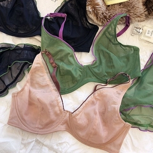French mesh ultra-thin breathable bra set with underwire in black and green