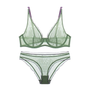 French mesh lingerie set in olive green and purple with unlined underwire cups