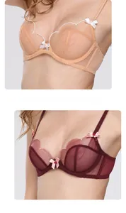 Detail of sheer lace bra set in apricot and wine red with bow embroidery decoration
