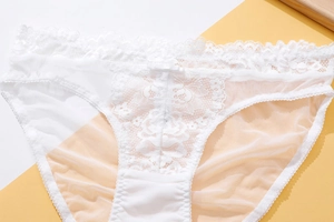 Close-up of white floral lace embroidery and delicate bow on sheer low-rise panties