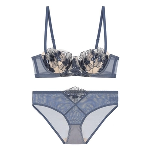 Detailed view of floral embroidery lace lingerie set with mesh details and blue accents