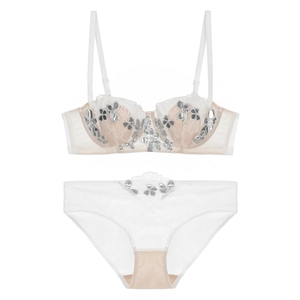 Lace bra set with floral embroidery and sequins in cream white for a sexy french style