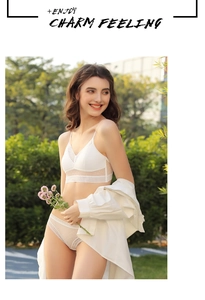 French style white lace lingerie set with non-wired triangle cups in outdoor setting