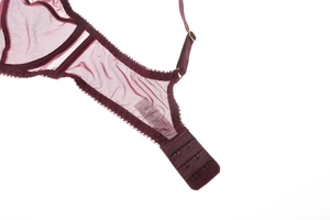 Detail of burgundy mesh bra featuring three-row hook closure and gold adjustable strap