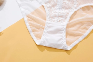 Detail view of white lace floral embroidery and breathable cotton crotch lining for panties