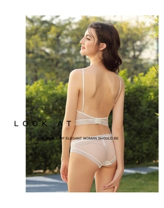 Detail of sheer polka dot mesh bra and panties set in elegant cream white color