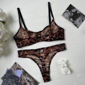 French style leopard print mesh lingerie set with non-wired bra and matching thong