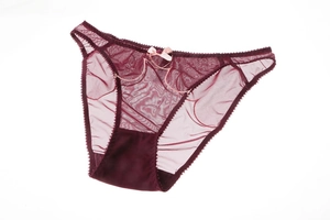 Detail of wine red lace panties with sheer mesh fabric and a purple ribbon bow
