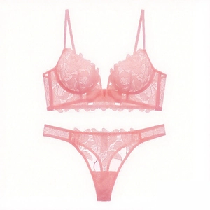 Detailed view of pink floral lace embroidery on sheer deep V bra and matching panty set