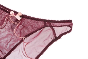 Detail view of burgundy mesh panties with a pink bow and a purple crystal flower