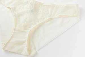 Détail de la culotte en dentelle crème avec broderie florale et tissu soyeux élastique
