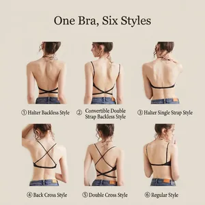Versatile black backless bra set with six styling ways including halter and cross straps