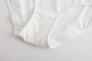 Macro detail of seamless stitching and silky mesh fabric on white French panties