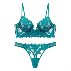 Detail view of teal floral lace deep V-neck bra and matching thong set on white background