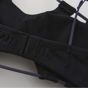 French style contrast wire-free bra featuring purple crisscross straps and dual back buckle