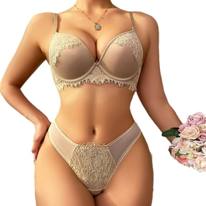 Lace lingerie set with eyelash lace bra and high waist panty in nude color for women