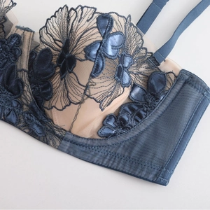Navy blue lace bra featuring exquisite floral embroidery and elegant mesh side wings