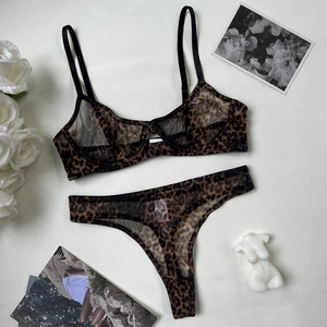 Sexy leopard print mesh lingerie set featuring ultra-thin unlined bra and matching thong