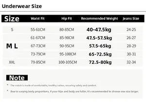 Detailed size guide for low waist seamless panties with waist and hip measurements