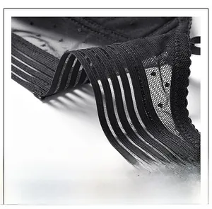Close-up of thin black elastic straps and fine lace mesh detailing on a backless bra