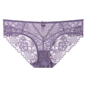 Women Sexy Lace Panties Breathable Low Waist Floral Bow Decor Cotton Crotch Briefs Underwear Soft Comfort Lingerie