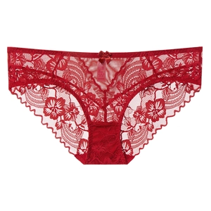 Red floral lace sexy panty for women with bow detail and breathable cotton crotch