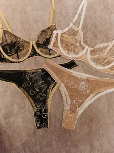 Détail de l'ensemble de lingerie en dentelle transparente avec broderie céleste