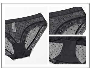 Detail view of black polka dot mesh panties with scalloped lace trim and cotton lining