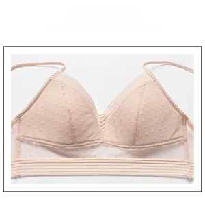 Detailed flat lay of beige lace bralette featuring delicate polka dot mesh texture