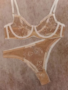 Détail d'un ensemble de lingerie en tulle transparent avec broderies cœur et dentelle