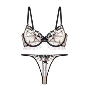 Elegant floral embroidery lingerie set with mesh bra and thong in black and beige