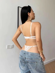 Rear view of white lace lingerie set with thin straps and sheer mesh embroidery detail
