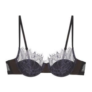 Elegant French eyelash lace bra in charcoal grey with push-up underwire and floral embroidery