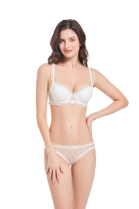 Close-up of white lace lingerie set featuring sheer heart pattern mesh and ruffled straps