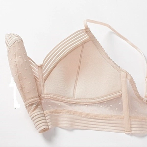 French sexy low back bra in apricot lace featuring breathable dot mesh and thin straps