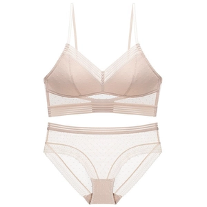 Nude French mesh lingerie set with polka dots, U-shaped back and wireless bra design