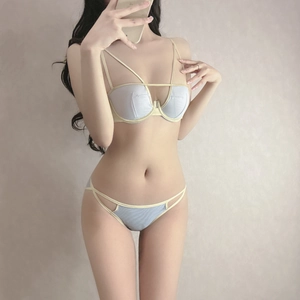 French style thin blue lingerie set with yellow trim and cross strap hollow design