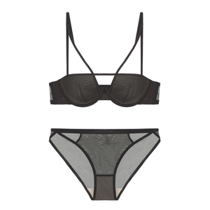 French style black sheer mesh lingerie set with cross-strap bra and matching panties