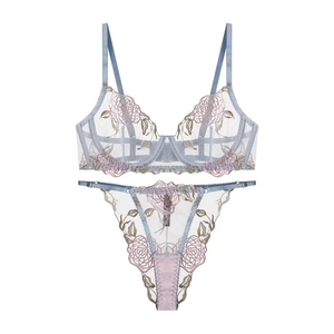 French style thin rose embroidered lace lingerie set with underwire in light blue