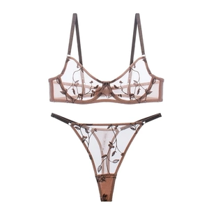 Lace mesh embroidery lingerie set with wired sheer bra and matching thong in coffee floral