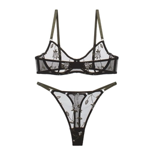 Deep green mesh lingerie set with floral embroidery and adjustable straps for women