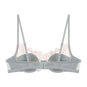 French grey lace bra with pink embroidery and adjustable thin straps on white background