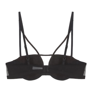 Detail view of black bra showing multi-strap back design and triple hook-and-eye closure