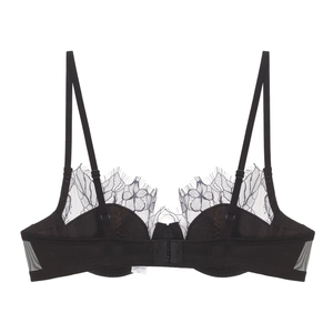 Detailed back view of black French eyelash lace bra with adjustable straps and hook eye closure