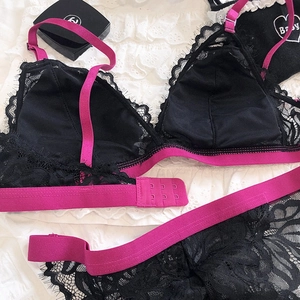 Detail of French lace bra set with contrast straps and delicate eyelash lace trim