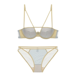 Lace-up French style mesh lingerie set with thin padded bra and sheer mesh panty