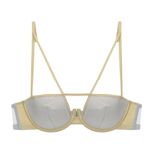 Detail of French style mesh bra with cross straps and champagne gold satin trim accents