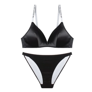 French style black satin lingerie set with lettered straps and non-wired seamless design