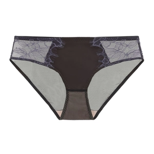 Lace semi-sheer low-rise panties with eyelash trim and breathable grey mesh fabric